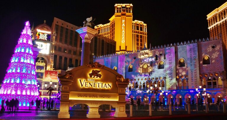 The Venetian Resort exterior at night, Las Vegas