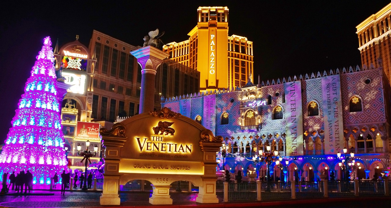 The Venetian Resort exterior at night, Las Vegas
